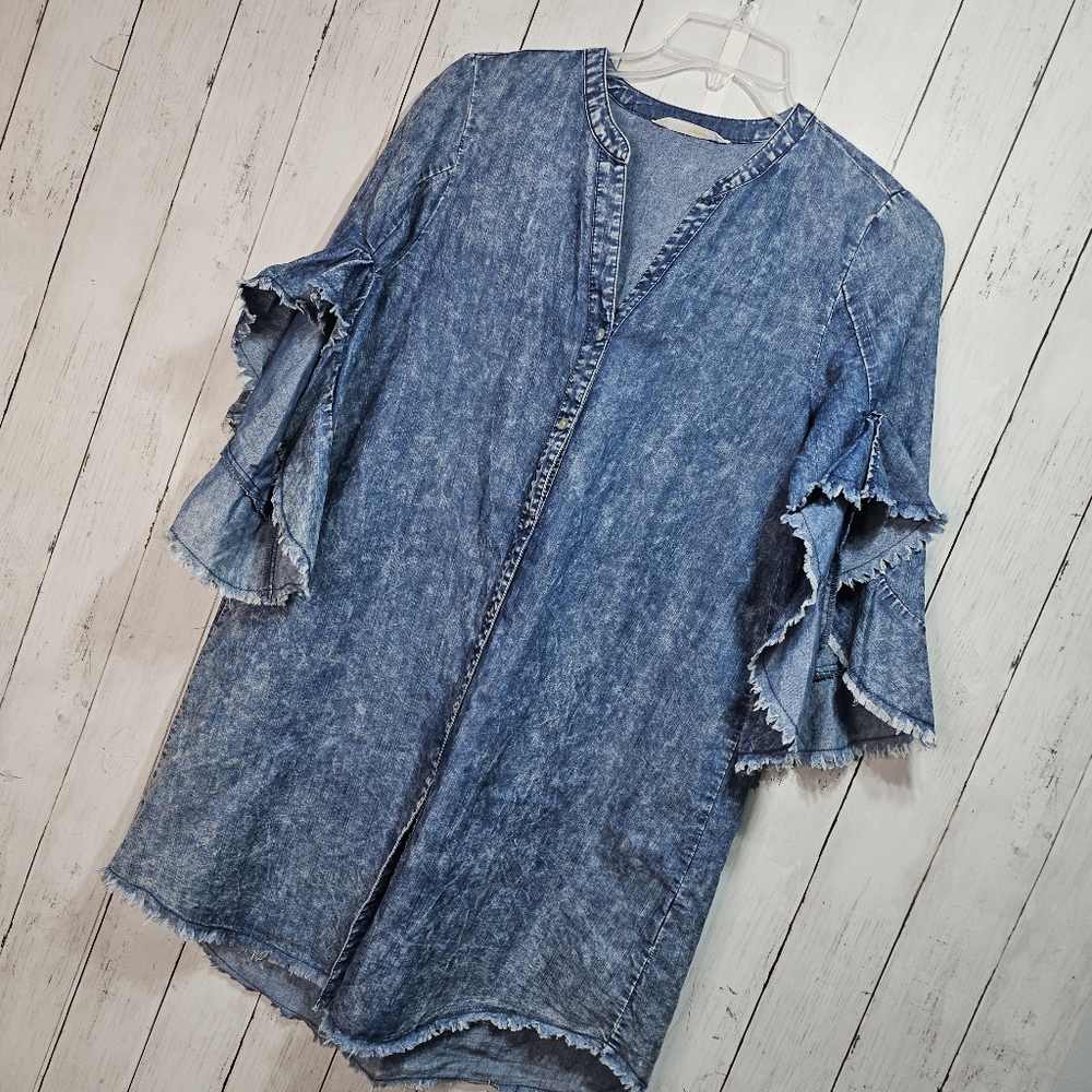Given Kale Women's Denim Dress Flare Flutter Sleeve Raw Hem Button Front Size M. - Picture 2 of 9